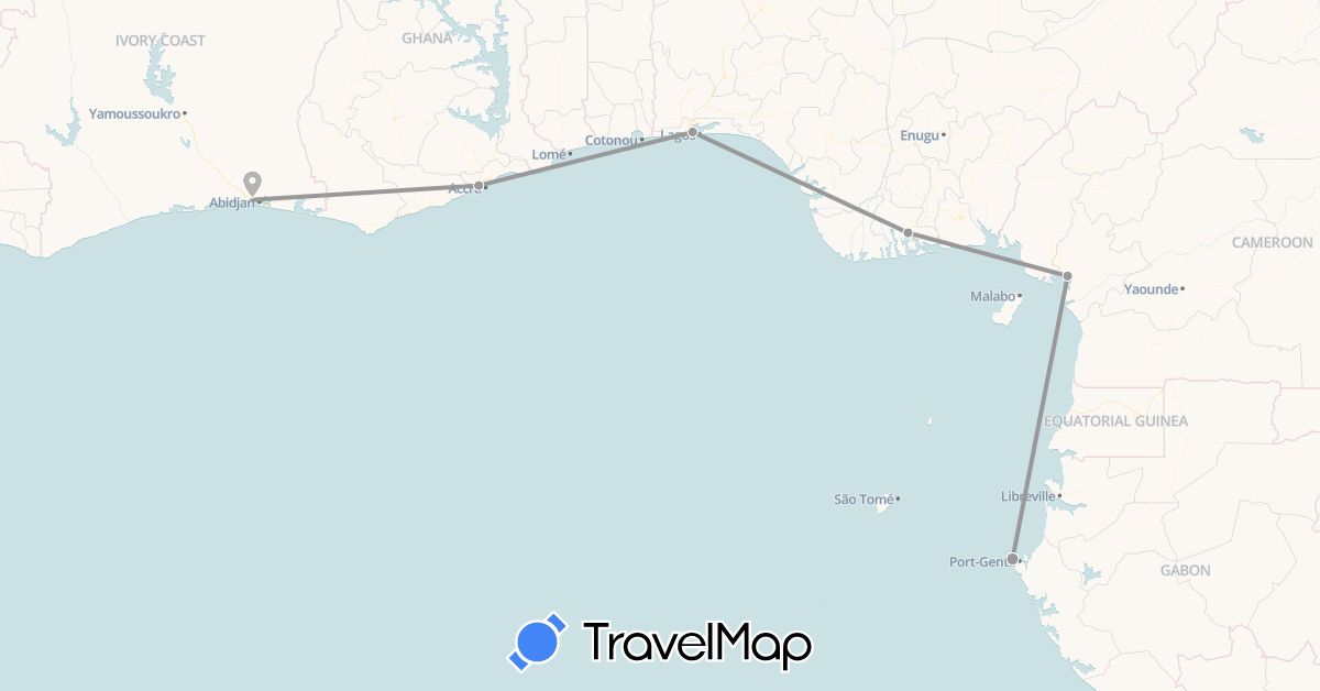 TravelMap itinerary: driving, plane in Côte d'Ivoire, Cameroon, Gabon, Ghana, Nigeria (Africa)